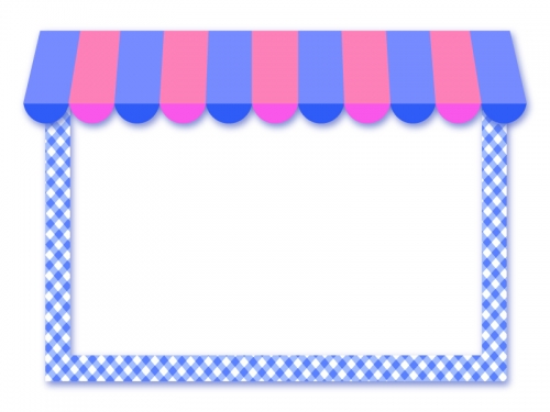カフェ風の青とピンクの屋根のお店フレーム飾り枠イラスト