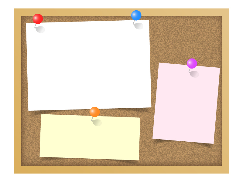 コルクボードとピンでとめた3枚の紙のフレーム飾り枠イラスト | 無料