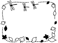 秋・落ち葉の上を飛ぶとんぼの白黒点線フレーム飾り枠イラスト