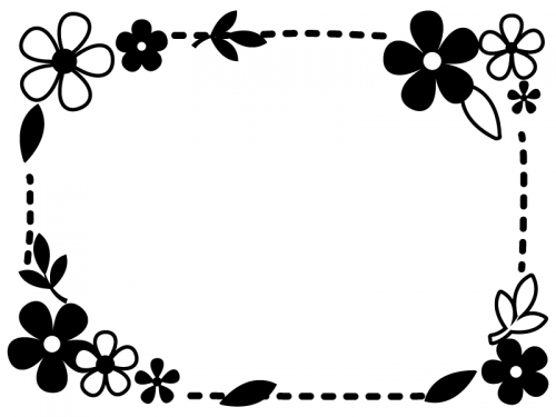白黒の小花と葉っぱの点線フレーム飾り枠イラスト