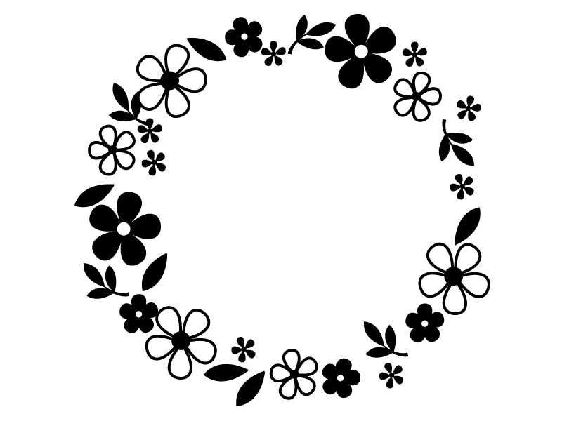 白黒の小花と葉っぱのリースのフレーム飾り枠イラスト 無料イラスト かわいいフリー素材集 フレームぽけっと