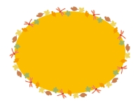秋・赤とんぼと落ち葉のオレンジ色の楕円フレーム飾り枠イラスト
