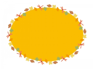 秋・赤とんぼと落ち葉のオレンジ色の楕円フレーム飾り枠イラスト