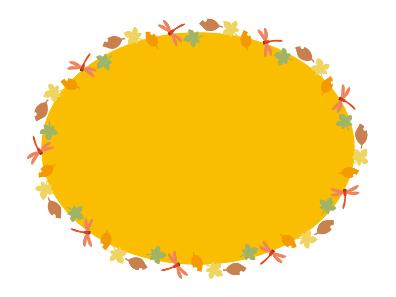 秋 赤とんぼと落ち葉のオレンジ色の楕円フレーム飾り枠イラスト 無料イラスト かわいいフリー素材集 フレームぽけっと