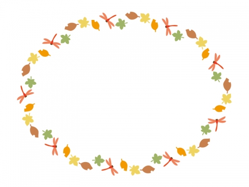 秋・赤とんぼと落ち葉の楕円フレーム飾り枠イラスト