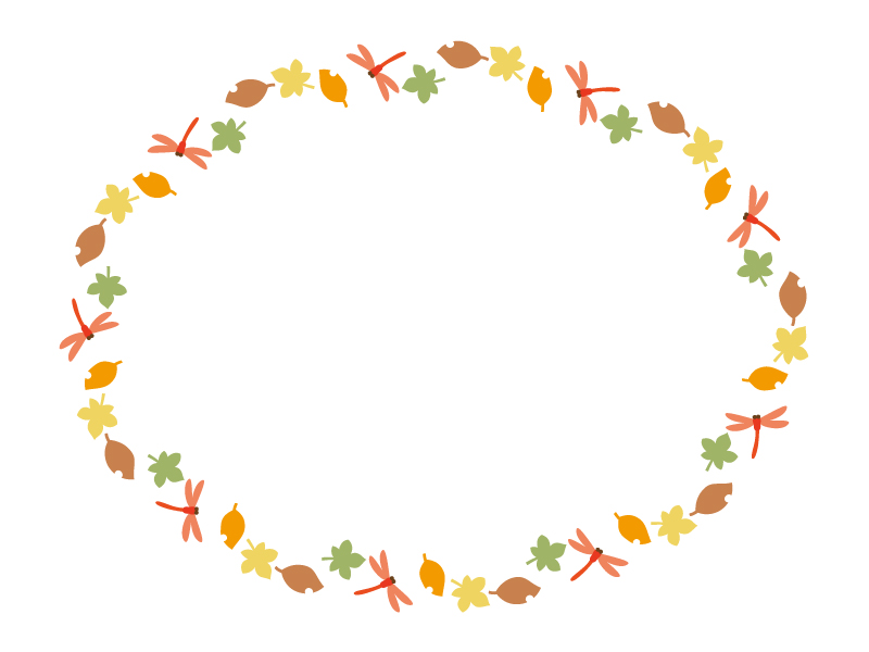 秋 赤とんぼと落ち葉の楕円フレーム飾り枠イラスト 無料イラスト かわいいフリー素材集 フレームぽけっと