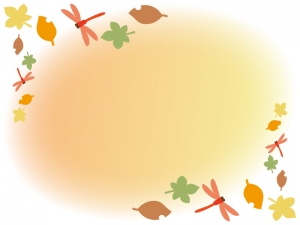 秋・赤とんぼと落ち葉のふんわりフレーム飾り枠イラスト