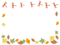 秋・落ち葉の上を飛ぶ赤とんぼのフレーム飾り枠イラスト