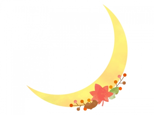 秋・お月さまと落ち葉のフレーム飾り枠イラスト