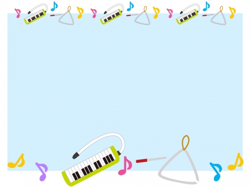 鍵盤ハーモニカとトライアングルの水色フレーム飾り枠イラスト