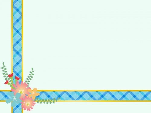 花を飾った青いリボンの水色フレーム飾り枠イラスト