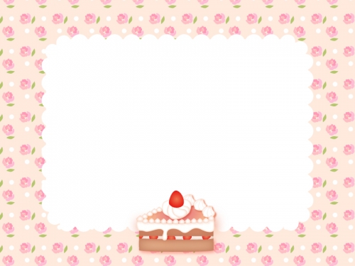 バラ柄とイチゴのショートケーキのフレーム飾り枠イラスト