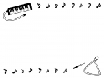 鍵盤ハーモニカとトライアングルと音符の白黒上下フレーム飾り枠イラスト