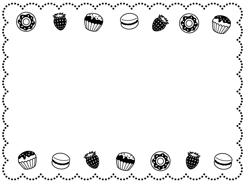 ドーナツとカップケーキの白黒もこもこ点線フレーム飾り枠イラスト 無料イラスト かわいいフリー素材集 フレームぽけっと