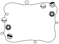 ドーナツとカップケーキと手書き風点線の白黒フレーム飾り枠イラスト