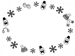 雪の結晶と冬の小物・雪だるまの白黒楕円フレーム飾り枠イラスト