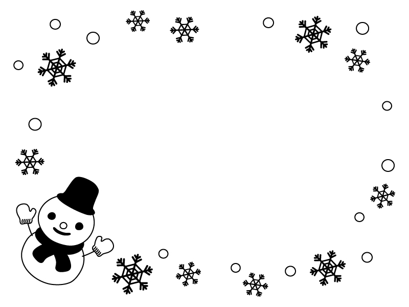 雪だるまと雪の結晶の白黒フレーム飾り枠イラスト 無料イラスト かわいいフリー素材集 フレームぽけっと