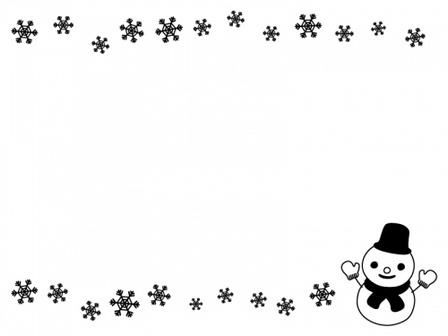 雪だるまと雪の結晶の白黒上下フレーム飾り枠イラスト