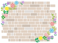 カラフルな花とレンガ壁のフレーム飾り枠イラスト