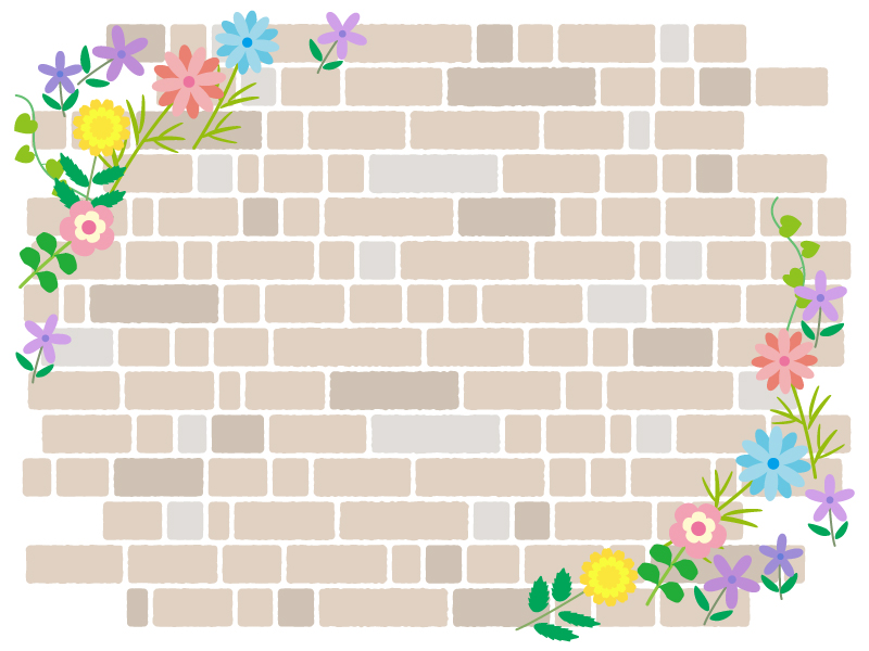 カラフルな花とレンガ壁のフレーム飾り枠イラスト 無料イラスト かわいいフリー素材集 フレームぽけっと