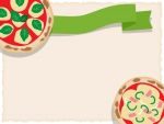 ピザと緑色のリボンのフレーム飾り枠イラスト