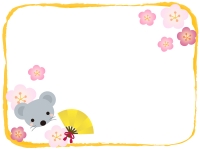 ネズミと金色の扇子と梅の花の黄色フレーム飾り枠イラスト