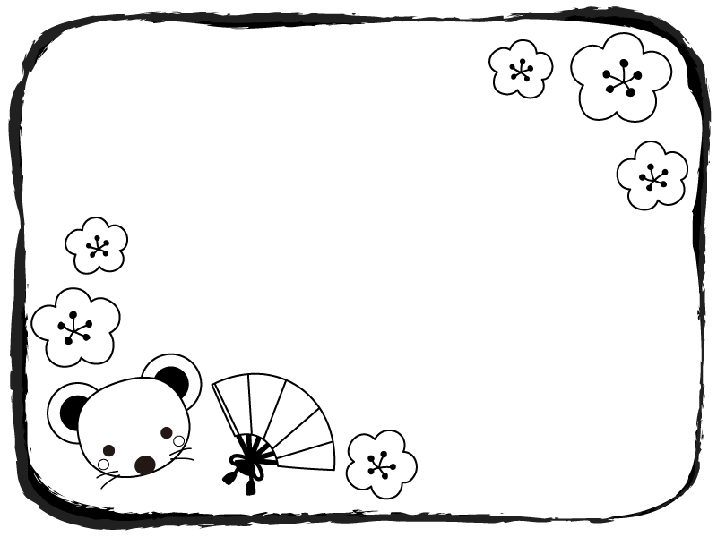 ネズミと扇子と梅の花の白黒フレーム飾り枠イラスト 無料イラスト かわいいフリー素材集 フレームぽけっと