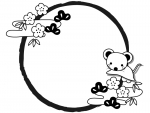 ネズミと松竹梅と筆線の白黒円形お正月フレーム飾り枠イラスト
