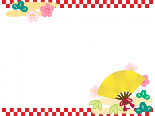 金の扇子と松竹梅の上下市松模様のお正月フレーム飾り枠イラスト