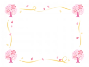 桜の木と黄色いリボンの囲みフレーム飾り枠イラスト