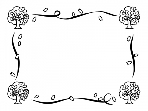 桜の木とリボンの白黒囲みフレーム飾り枠イラスト