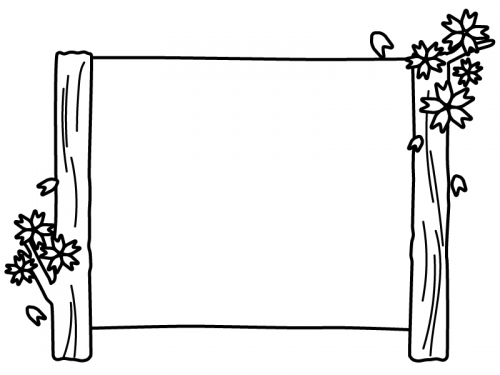 桜の木の看板風の白黒フレーム飾り枠イラスト