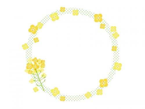 菜の花と黄緑色の水玉模様の円形フレーム飾り枠イラスト