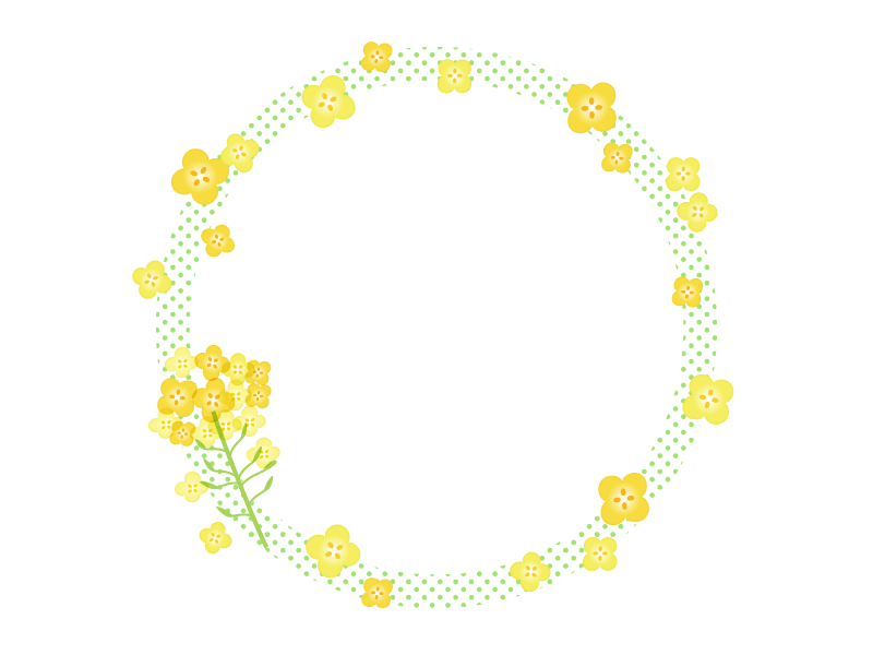 菜の花と黄緑色の水玉模様の円形フレーム飾り枠イラスト 無料イラスト かわいいフリー素材集 フレームぽけっと