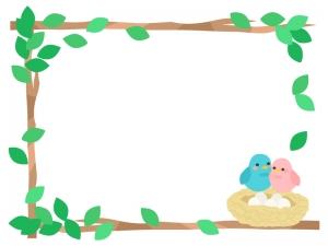 青とピンクの小鳥と鳥の巣のフレーム飾り枠イラスト