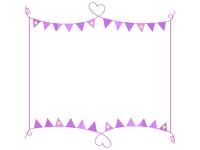 手書きハート線と紫色フラッグガーランドのフレーム飾り枠イラスト