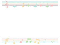 パステルカラーの音符と五線譜のフレーム飾り枠イラスト