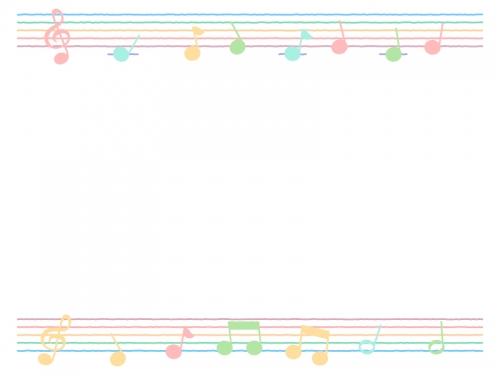 パステルカラーの音符と五線譜のフレーム飾り枠イラスト