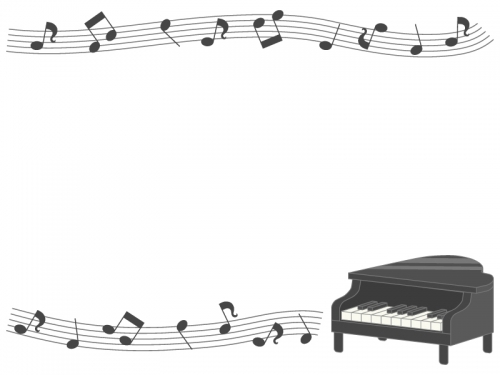 グランドピアノと五線譜と音符の上下白黒フレーム飾り枠イラスト