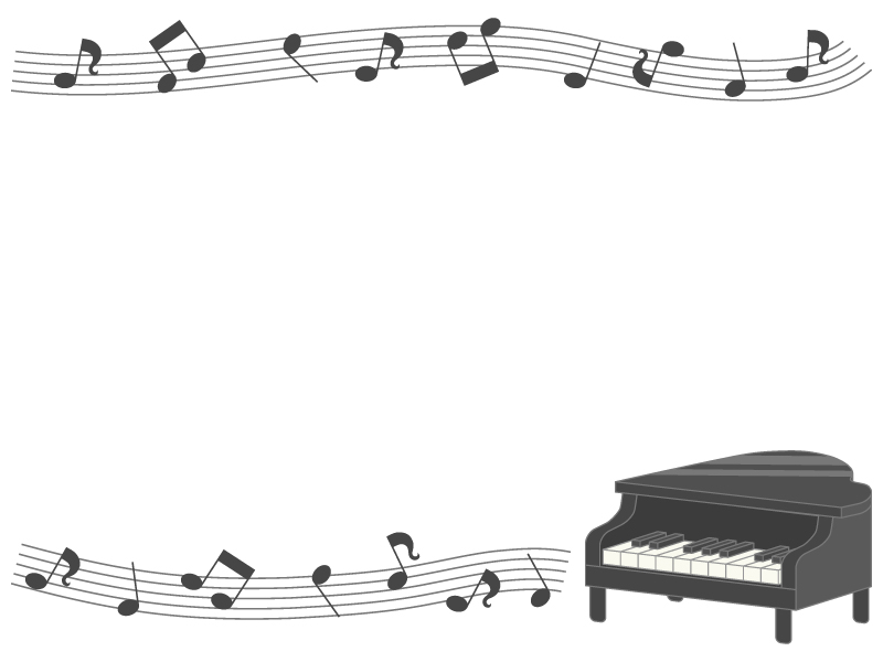 グランドピアノと五線譜と音符の上下白黒フレーム飾り枠イラスト 無料イラスト かわいいフリー素材集 フレームぽけっと