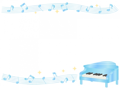 グランドピアノと五線譜と音符の水色上下フレーム飾り枠イラスト