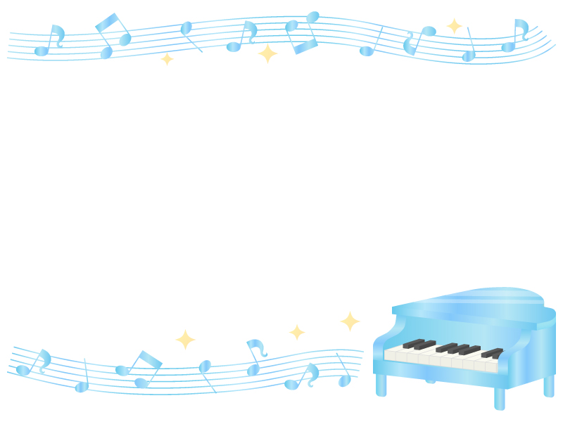 グランドピアノと五線譜と音符の水色上下フレーム飾り枠イラスト 無料イラスト かわいいフリー素材集 フレームぽけっと