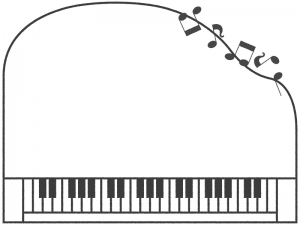 ピアノの形と音符の白黒フレーム飾り枠イラスト