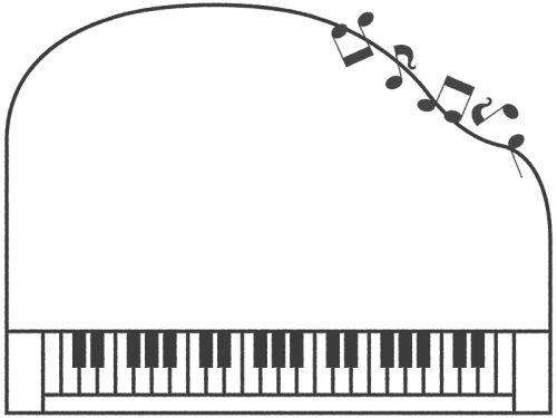 ピアノの形と音符の白黒フレーム飾り枠イラスト
