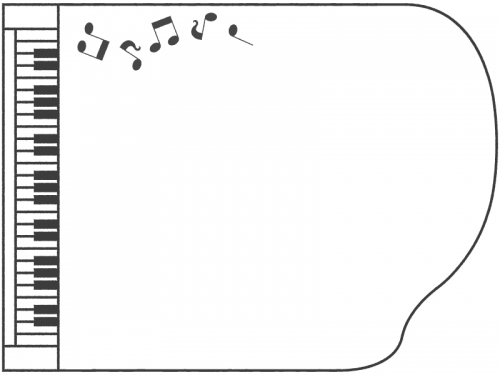 横向きのピアノの形と音符の白黒フレーム飾り枠イラスト