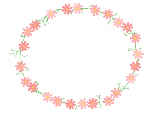 コスモスの花と葉のリース風楕円形フレーム飾り枠イラスト