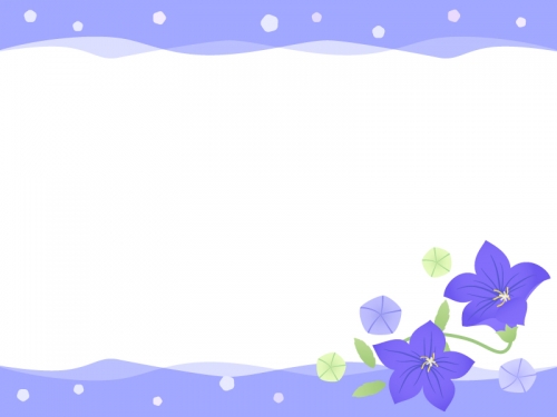 桔梗（キキョウ）の花と水玉の紫色上下フレーム飾り枠イラスト