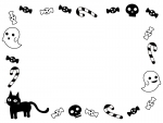 ハロウィン・おばけや黒猫の白黒囲みフレーム飾り枠イラスト