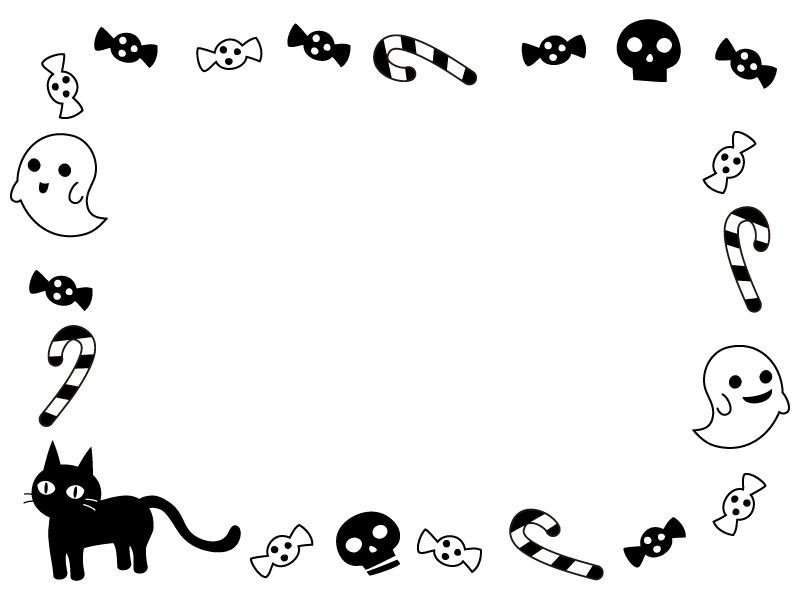 ハロウィン おばけや黒猫の白黒囲みフレーム飾り枠イラスト 無料イラスト かわいいフリー素材集 フレームぽけっと