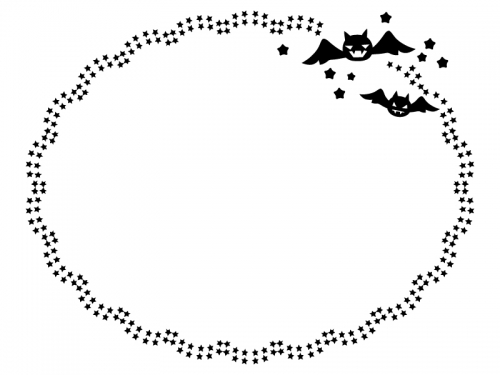 ハロウィン・コウモリと星の飾りの白黒楕円形フレーム飾り枠イラスト